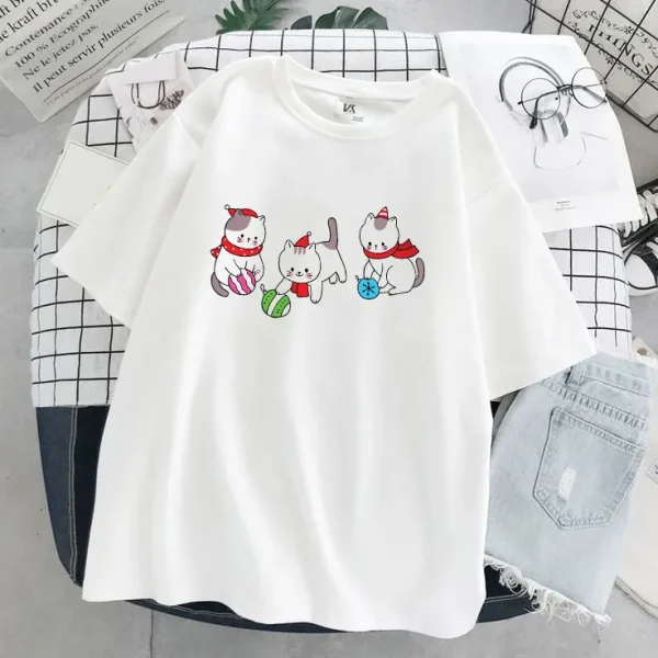 Áo thun cotton màu trắng in hình mèo dễ thương - Áo thun INME - Hình ảnh 4