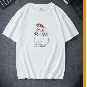 Áo thun cotton màu trắng in hình mèo dễ thương - Áo thun INME