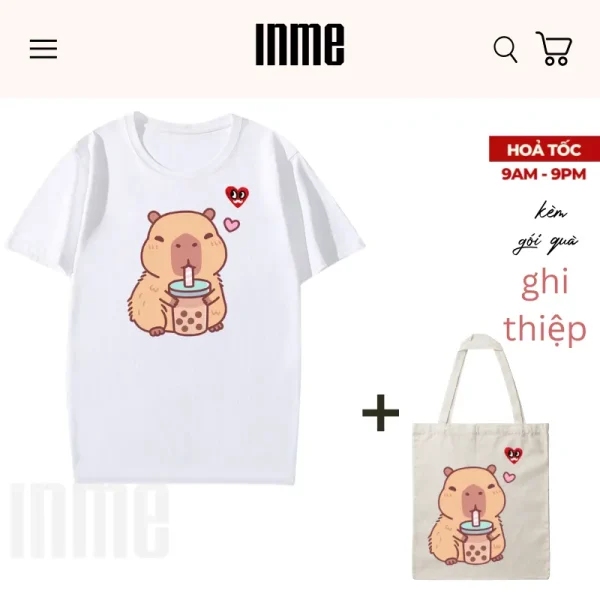 BST CAPYBARA Trà Sữa Áo Thun Cotton và Túi Vải Canvas - INME Studio