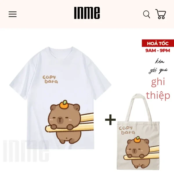 BST Túi Canvas và Áo Thun Cotton Họa Tiết Capybara Ngộ Nghĩnh - INME Studio
