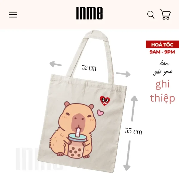 BST CAPYBARA Trà Sữa Áo Thun Cotton và Túi Vải Canvas - INME Studio - Hình ảnh 5