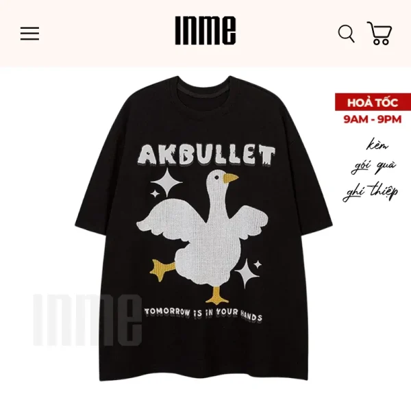 Áo Thun Unisex INME Duck Style Streetwear Màu Đen Form Rộng Cổ Tròn 100% Cotton - Hình ảnh 2