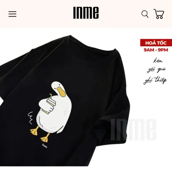 Áo Thun Unisex INME Duck Style Streetwear Màu Đen Form Rộng Cổ Tròn 100% Cotton - Hình ảnh 3